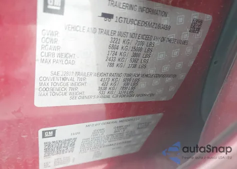 2021 GMC Sierra 1500 4Wd Short Box Elevation z USA, uszkodzony, nr VIN 1GTU9CED5MZ160459